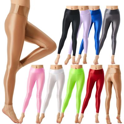 Leggings Brillants Extensibles pour Femmes Ceinture Élastique Large Design Uni Pantalons de Yoga Pilates Fitness