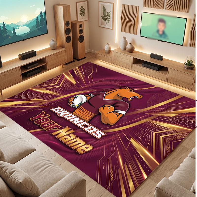 Brisbane Broncos Personalized Crystal Velvet Carpet, Customized Name Text Soft Anti‑Slip Rug for Living Room Bedroom