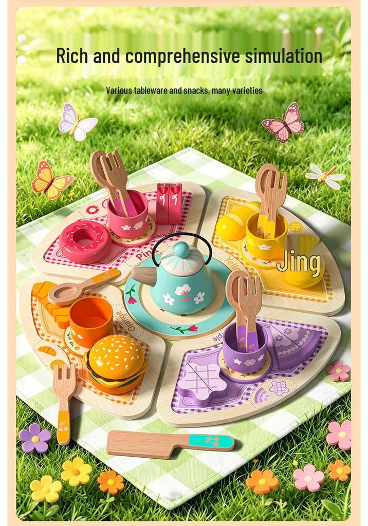 Wooden Tea Set Playhouse: Afternoon Tea Kitchen Toys for Kids Birthday Gift