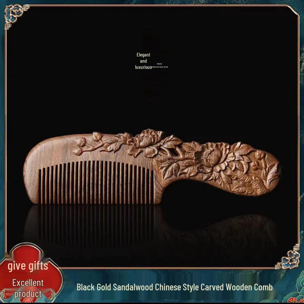 Black Gold Sandalwood Double-Sided Carved Women's Comb - Smooth Hair Care and Meridian Massage Portable Wooden Comb