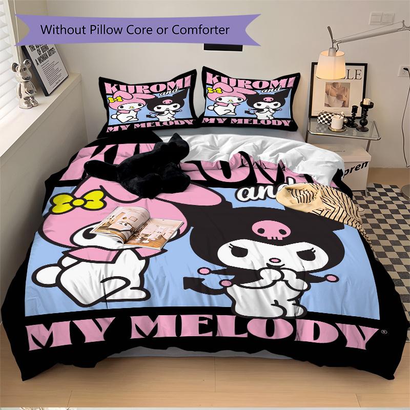 3pcs Kuromi and My Melody Sanrio Pattern Bedding Set, 1* Cover + 2*Pillowcases, Printed Bedding Set, Soft and Comfortable.W051