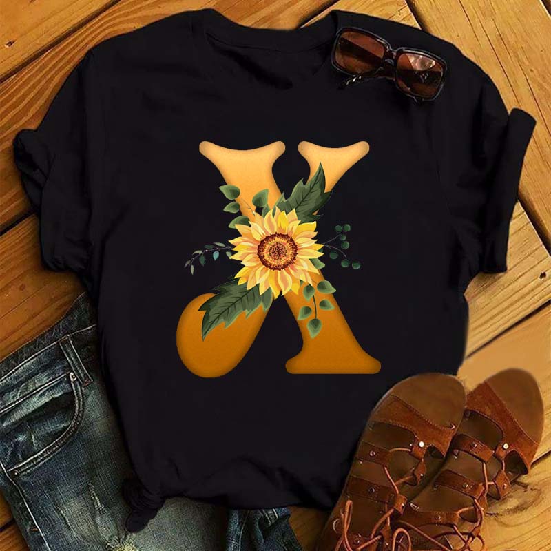 Maycaur Women's T Shirt Custom Name Letter Combination Print Tshirt Sunflower Letter Font A B C D E F G Short Sleeve Ladies Tops
