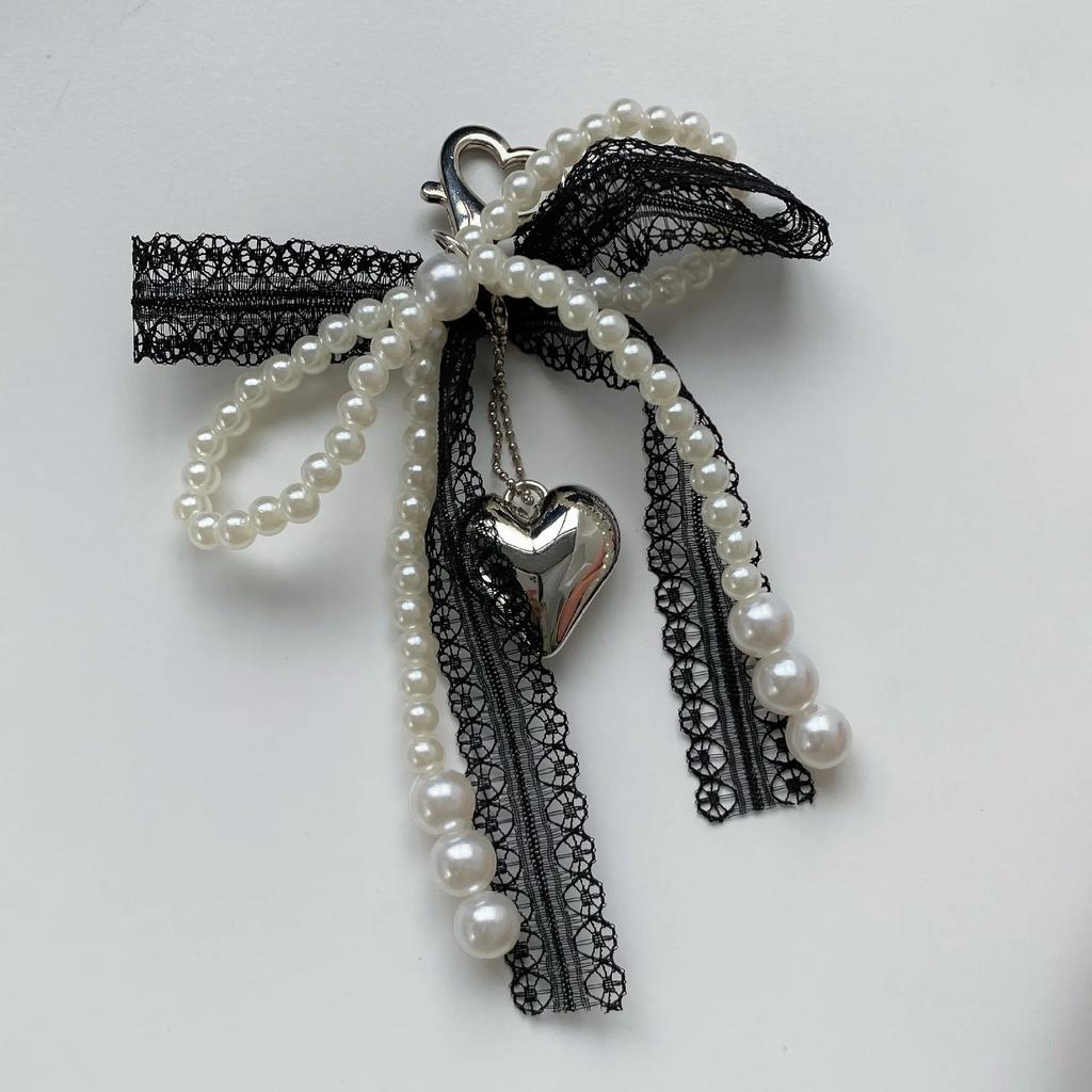 Lace Bowknot Keychain Imitation Pearls Beaded Pendant Keyring for Women Handbag Backpack Key Chain Ornament