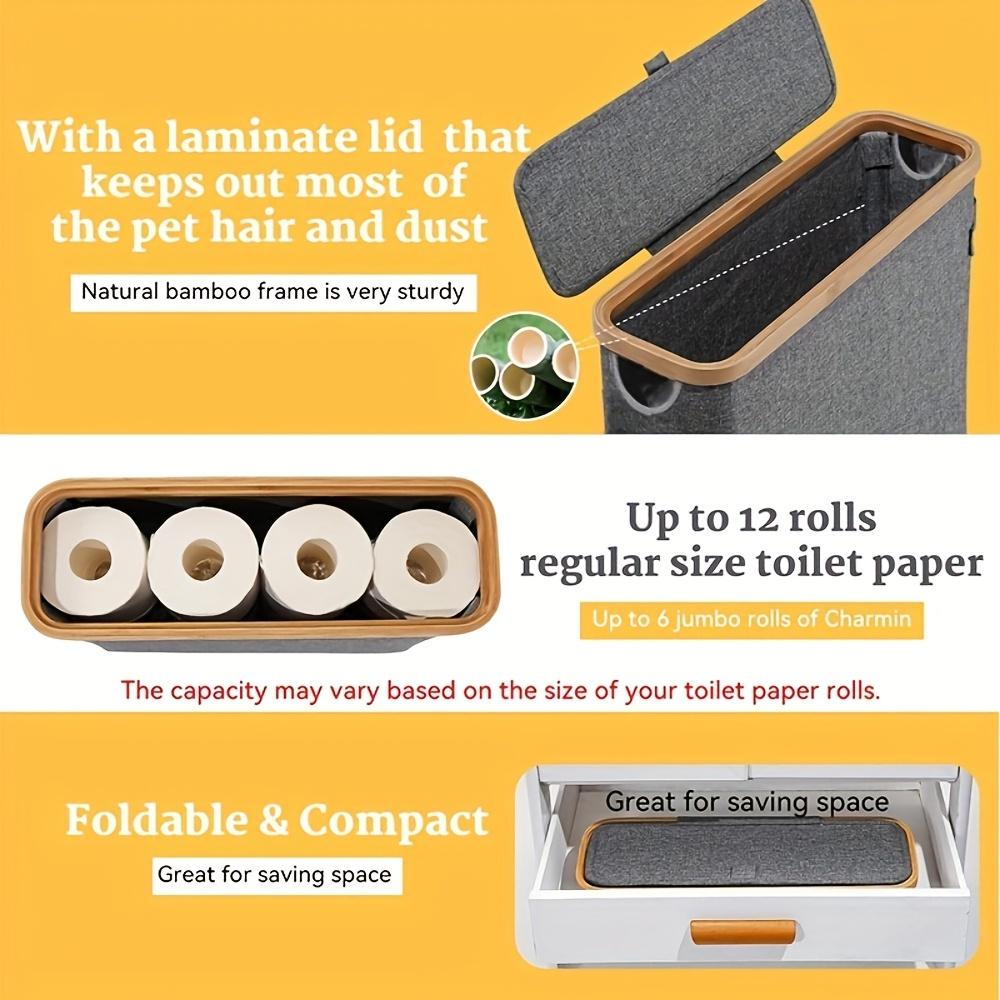 Kosz na papier toaletowy z bambusa z pokrywką – duża pojemność, mieści 9 rolek, stylowy organizer łazienkowy z drewnianymi listwami i metalową ramą