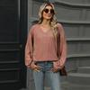 Fall Winter Women's Solid Color V Neck Loose Long Sleeve T-shirt Top Casual Daily Wear For Women