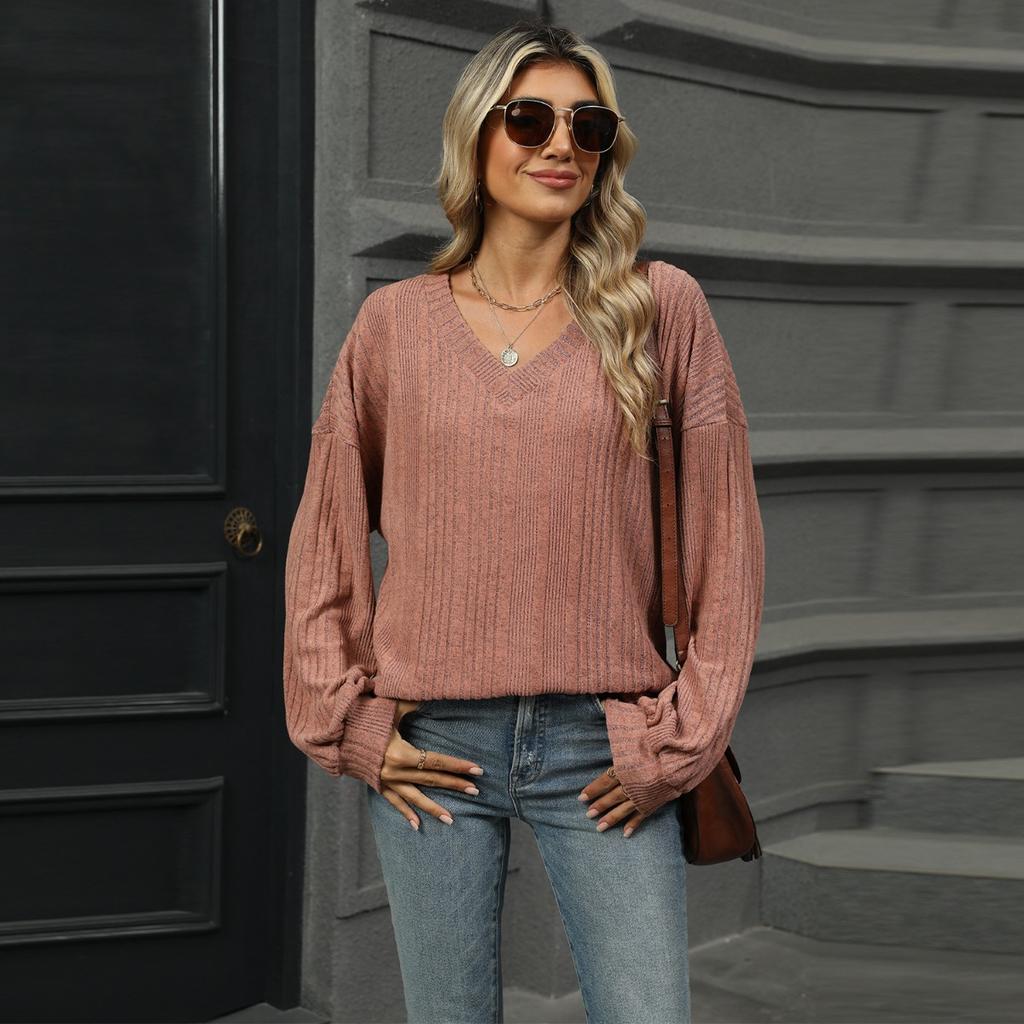 Fall Winter Women's Solid Color V Neck Loose Long Sleeve T-shirt Top Casual Daily Wear For Women