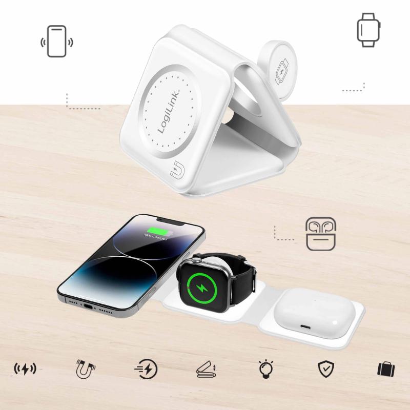 LogiLink 15W Foldable Qi 3-in-1 Wireless Charger for iPhone Apple Watch AirPods White