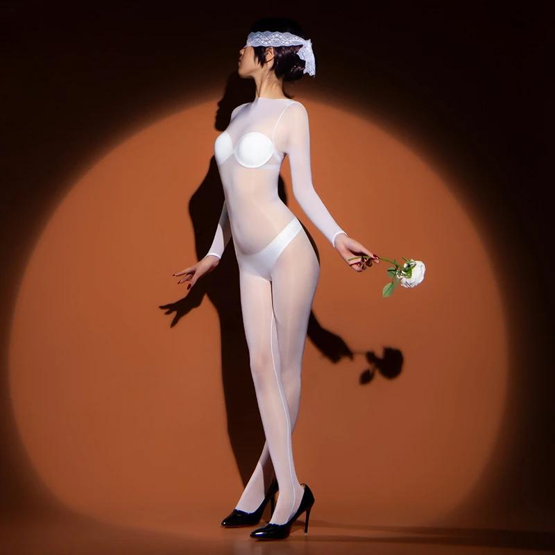 Full Stockings Bodysuits Women Oil Shiny Five Fingers Jumpsuit Open Crotch Pantyhose Smooth Catsuits One-Piece Garment Teddy