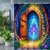 Floral Door Pattern Shower Curtain, Bathroom Shower Waterproof Curtain with 12 Hooks, Fish Shaped Home Decoration, Free Delivery