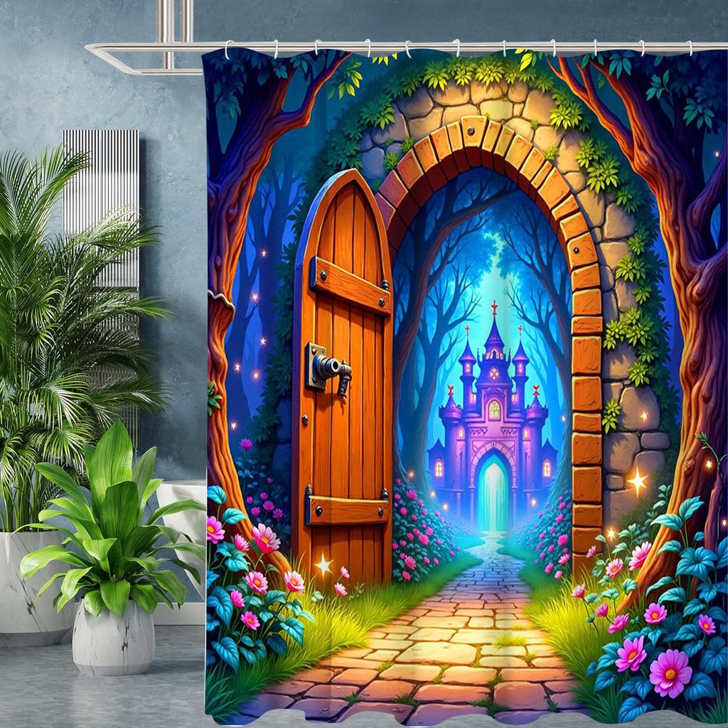 Floral Door Pattern Shower Curtain, Bathroom Shower Waterproof Curtain with 12 Hooks, Fish Shaped Home Decoration, Free Delivery
