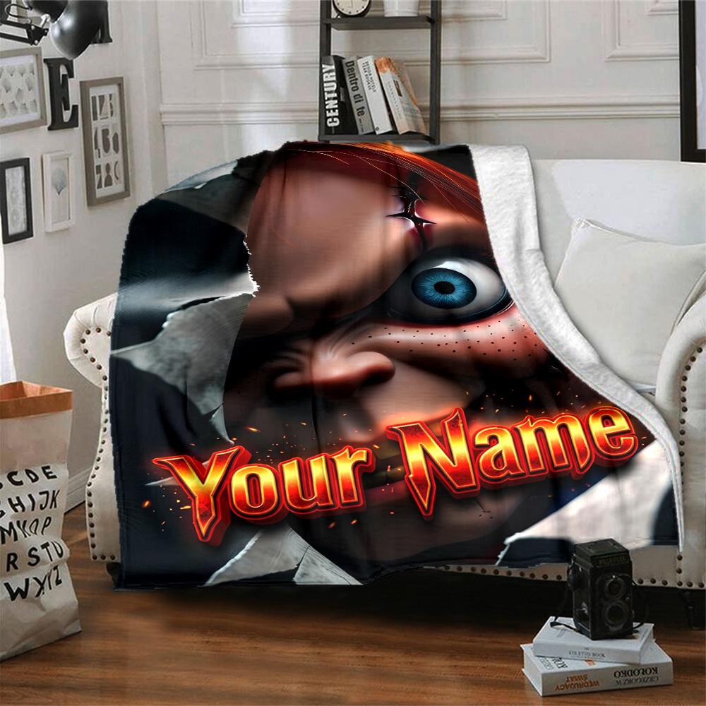 1pc Chucky Blanket with Custom Name, Gift, for Men and Women, Soft Blanket, Good for Sofa Bed Couch Travel, Lightweight Flannel Blanket