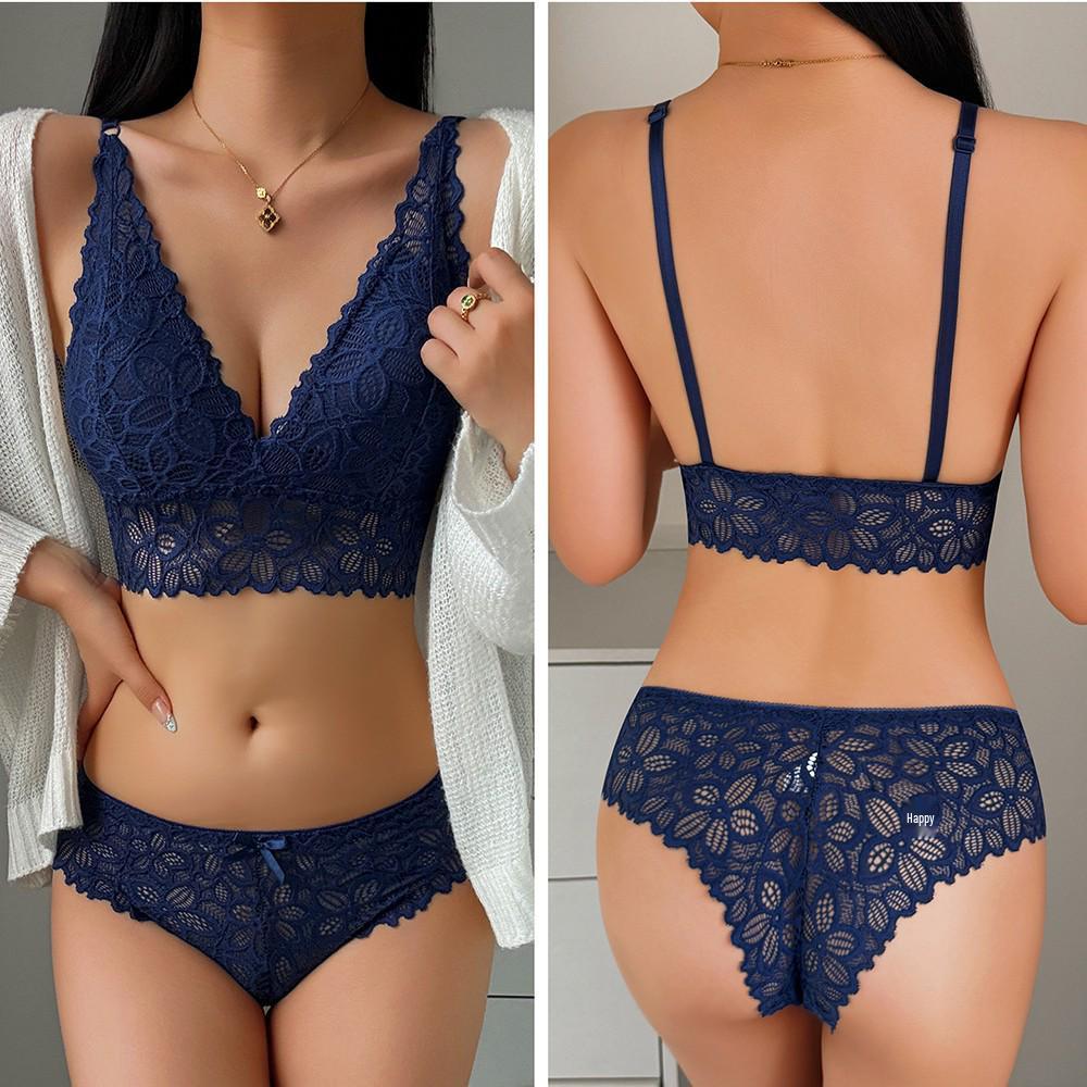 Draadloze Bh Set met Franse Kant, Verstelbare Bandjes en Borstkussentjes