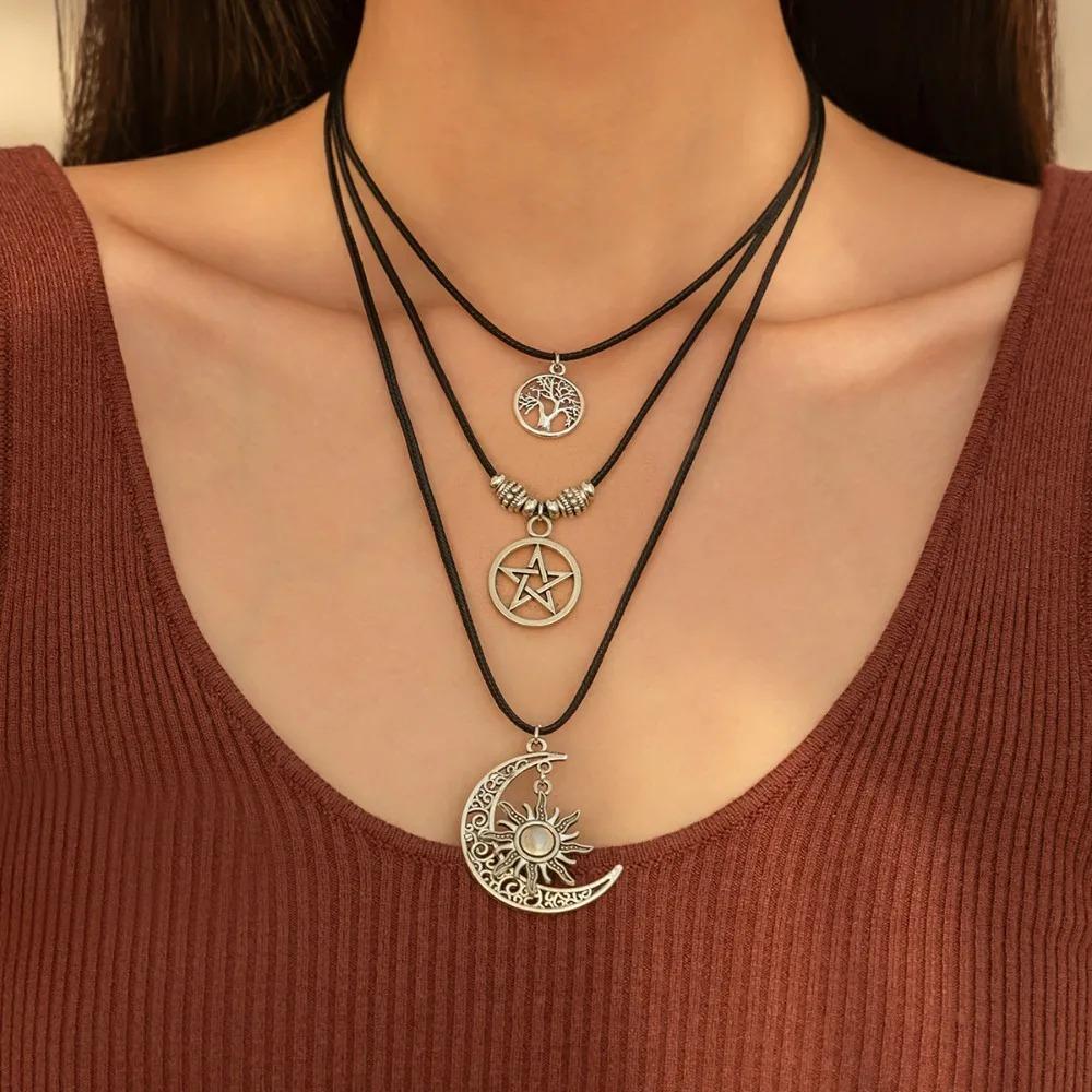 3pcs Set Bohemia Retro Sliver Color Hollowed-out Tree of Life Feathered Turquoise Pendant Necklace for Women Trendy Jewelry Sets
