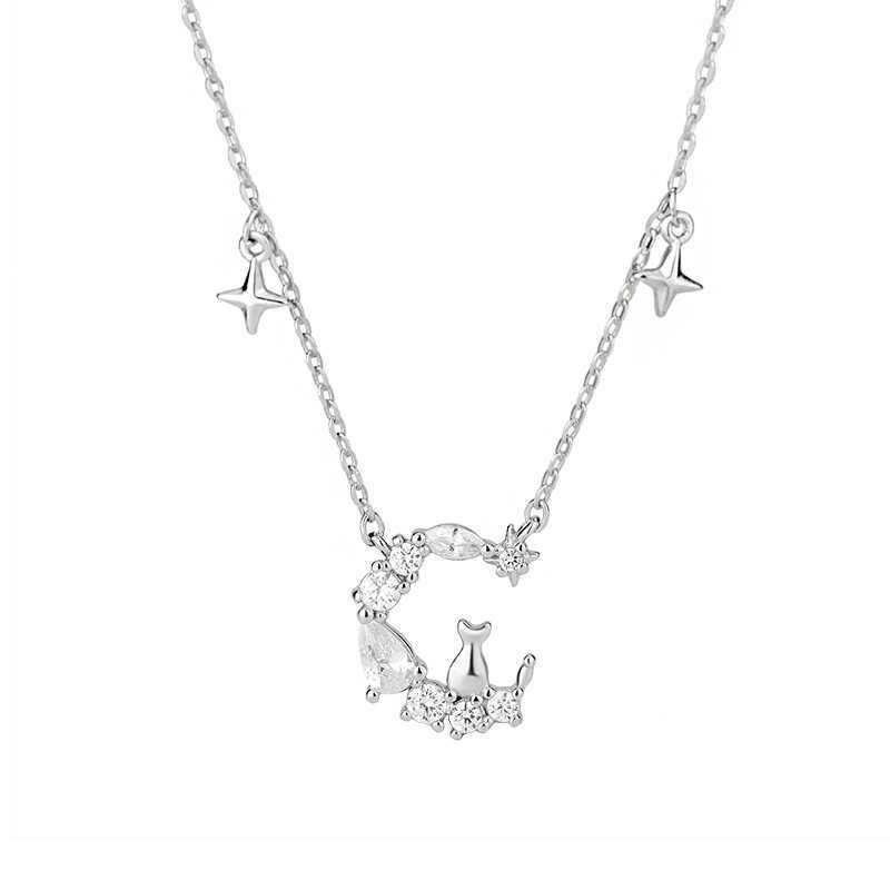 Sterling Silver Moon Cat Necklace: Cute Star and Moon Pendant for Women