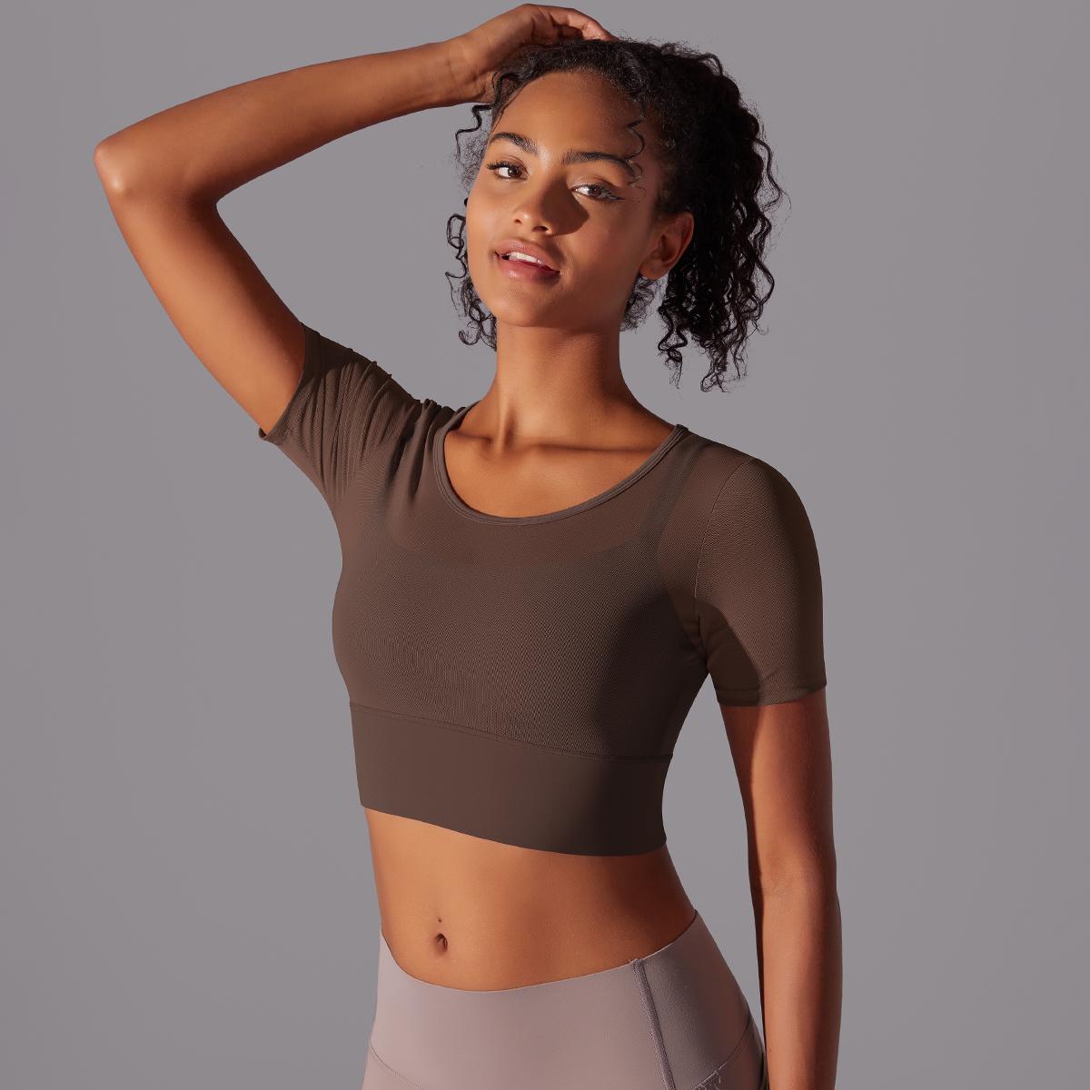 

Nessaj женская рубашка для йоги, сетчатый укороченный топ для фитнеса с короткими рукавами, дышащие топы для тренировок, спортивные рубашки для бега S коричневый