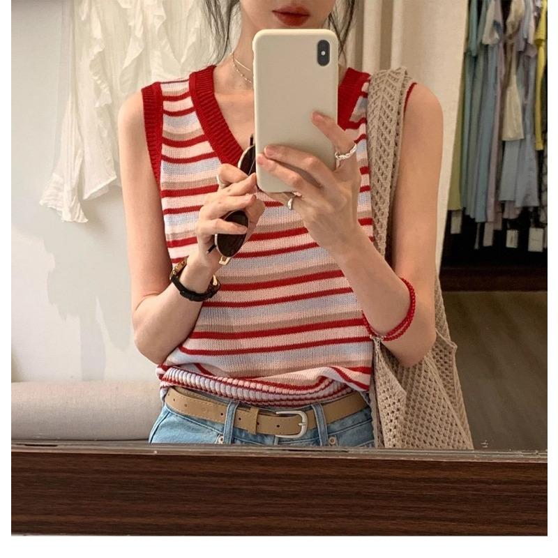 Summer Women s Striped Knit Sleeveless Vest V Neck Casual Crop Top S красный