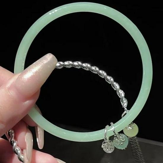Retro Clear Green Bangle with Bells & Tassel - Women's High-End Bracelet