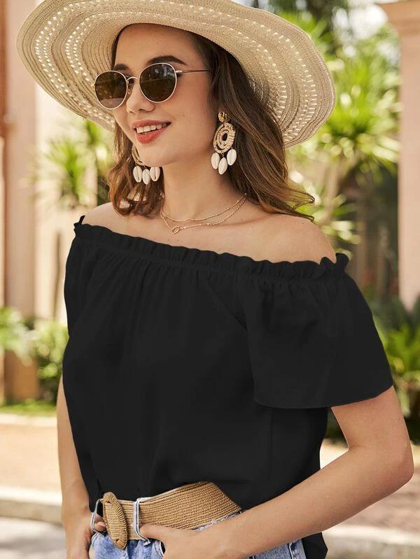 Jaro/Léto 2023 Dámská halenka s volánky odhalující ramena - Evropský a americký styl