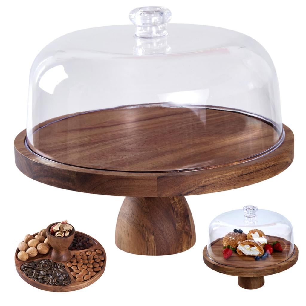 12 inch acrylic cover solid wood Cake Stand with feet round snack display plate can hold dessert cheese plate Brown