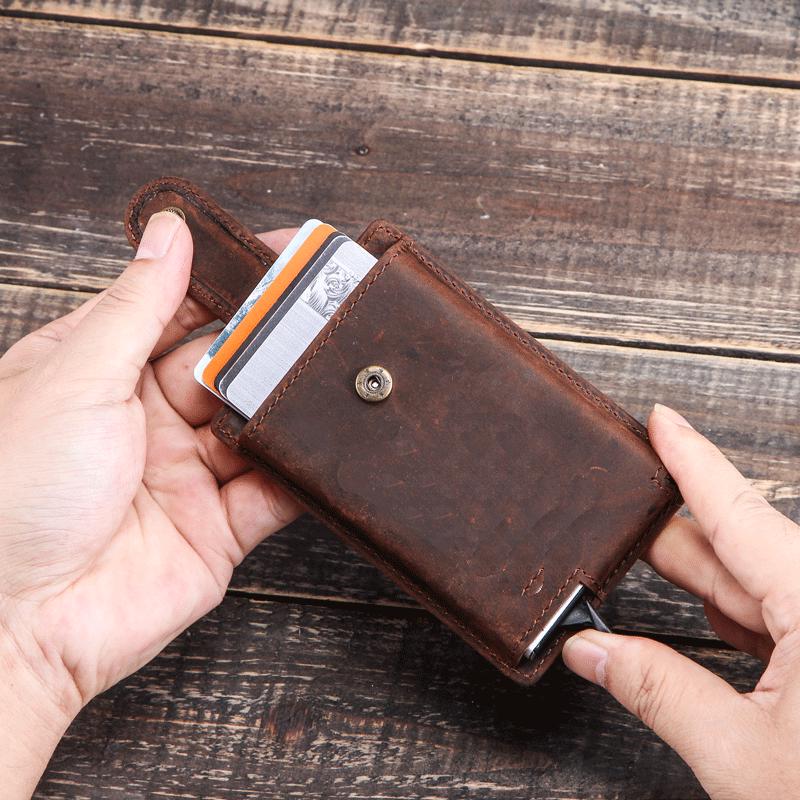 Black Angel FRID Vintage Crazy Horse Leather Automatic Card Holder with Buckle - Genuine Leather Wallet.