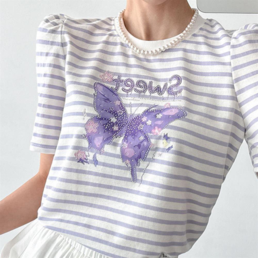 New Arrivals Open Run Women BuTTerfly PrinT STripe Puff T shirT