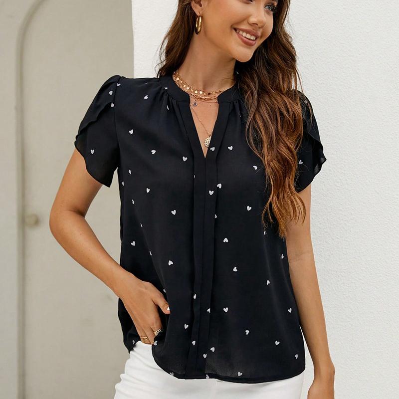 Ladies Summer Short Sleeve V Neck Casual Love Heart Printed Pullover Blouse Shirt Top