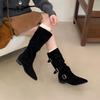 2025 Autumn and Winter New Small Pointed Head Tall Tube Thin But Knee Thick Heel Belt Buckle Knight Women's Boots