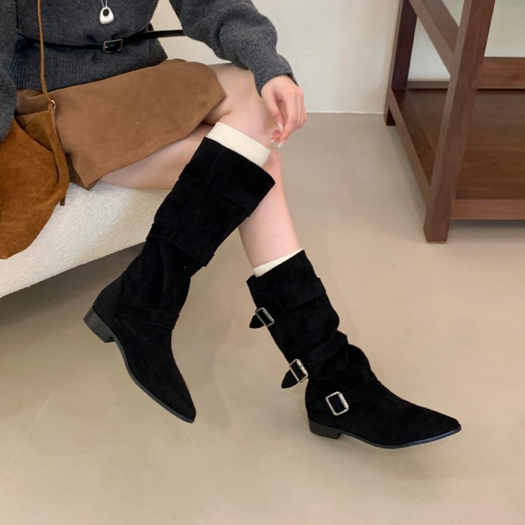 2025 Autumn and Winter New Small Pointed Head Tall Tube Thin But Knee Thick Heel Belt Buckle Knight Women's Boots