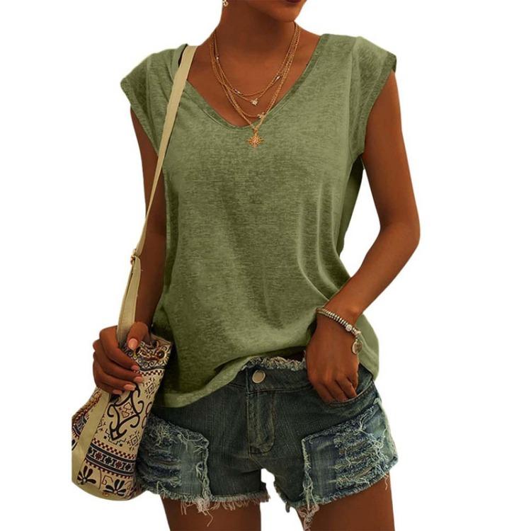 Women Fashion Casual V Neck Loose T-Shirt Solid Color Short Sleeve Top