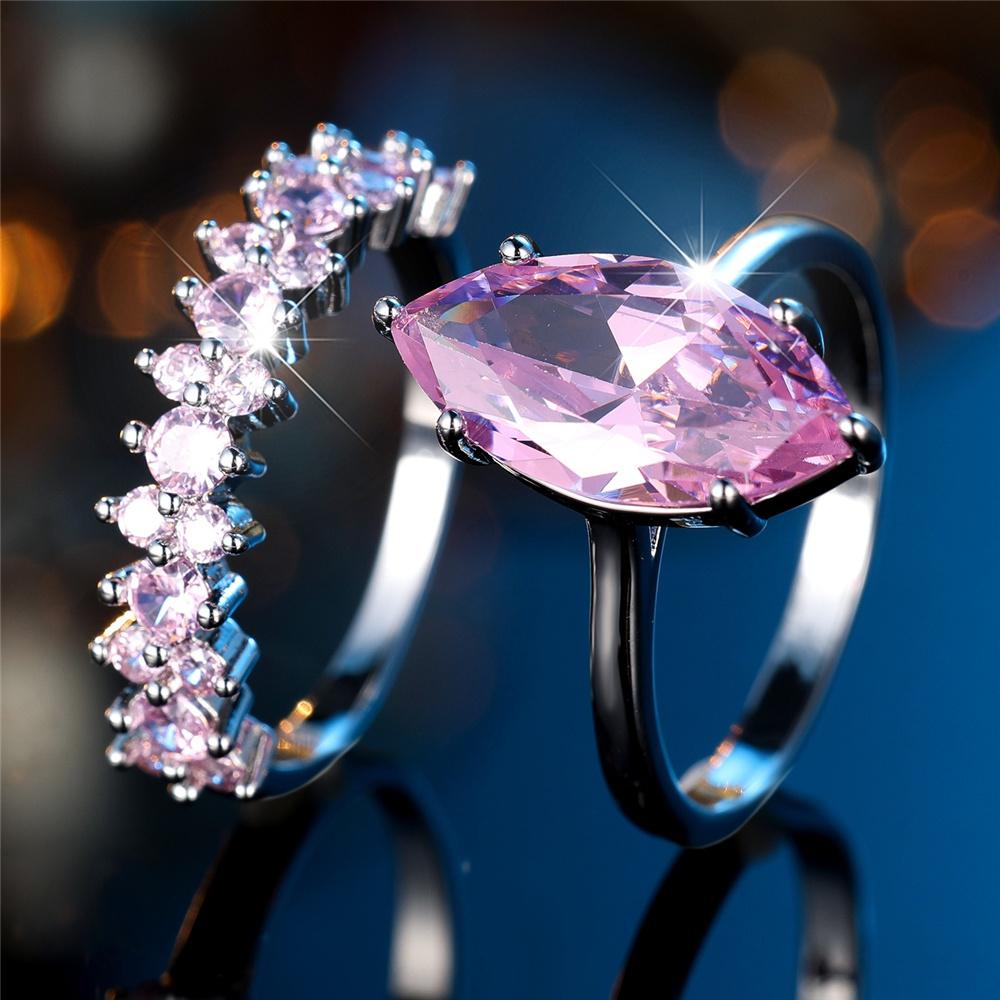 Female Pink Zircon Stone Engagement Ring Set Vintage CopperColor Bridal Wedding Bands Party Jewelry For Women