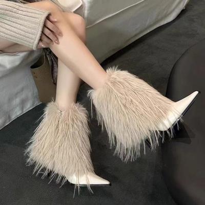 Herbst- und Winter-Schuhwerk Übergröße Bequeme Pelzstiefel Warme Stiefel mit spitzer Zehenpartie und hohem Absatz Damenstiefel