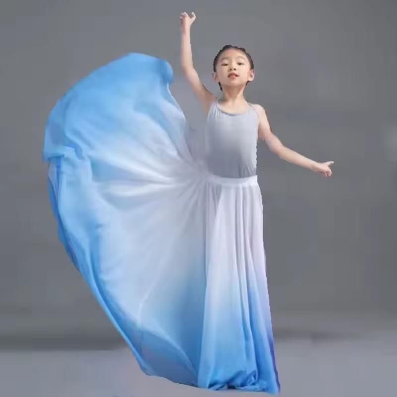 Girl Classical Dance Big Wings Skirt Gradient Color 720-degree Chiffon Skirt Ethnic Modern Flamenco Dance Long Skirts