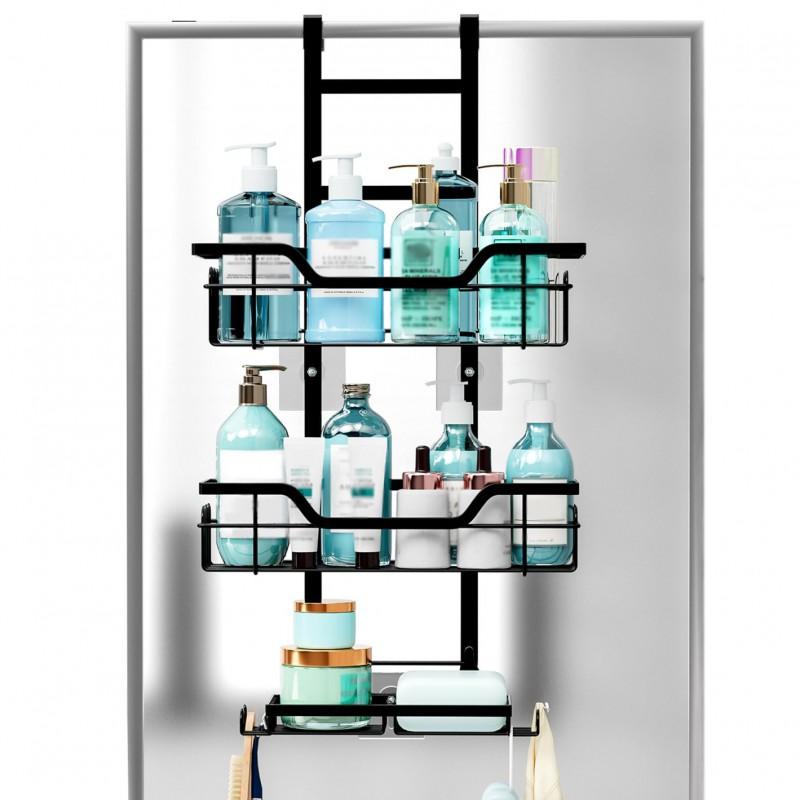 3-Tier Over-the-Door Bathroom Shelf Black Glass Door Hanging Storage Rack No-Drill Shower Caddy Towels