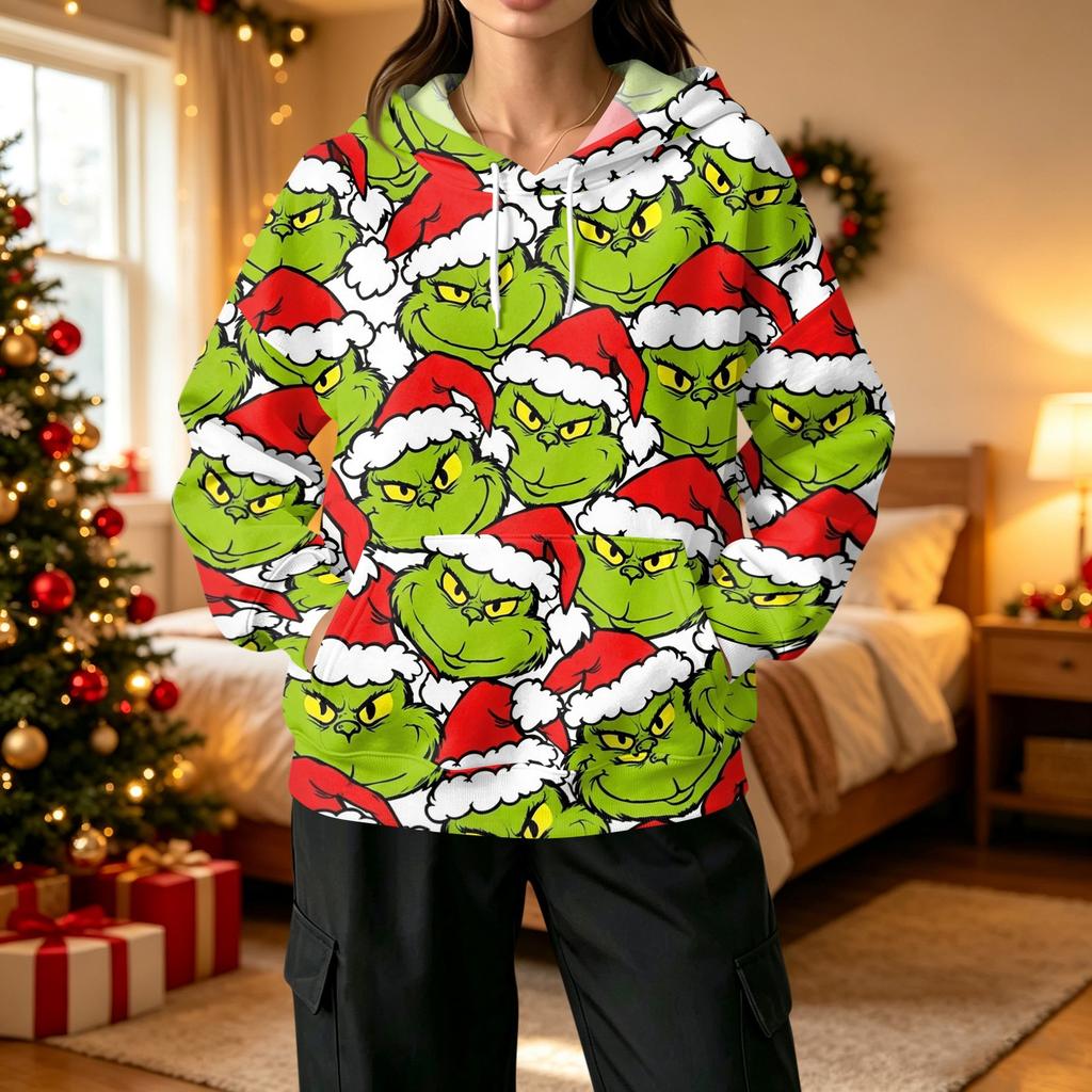 Women's Fashion Casual Christmas Print Hooded Sweatshirt with Pockets
