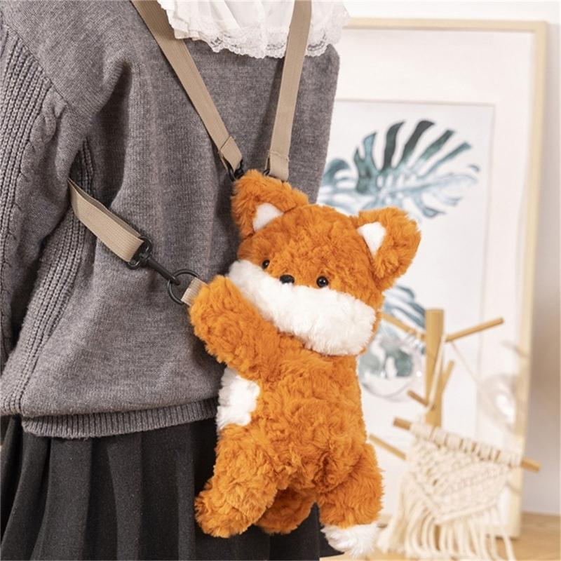 Plush Foxes Shoulder Bag Soft Crossbody Bag Girls Cartoon Backpack Lovely Animal School Bag Coin Purse for Winter