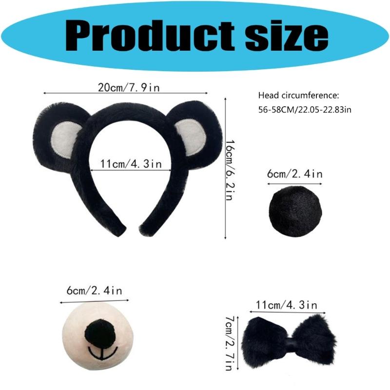 4Pcs Hair Hoops Set with Bear Themes Costume Headband Nose for Themed Performances Photography and Role Play Event