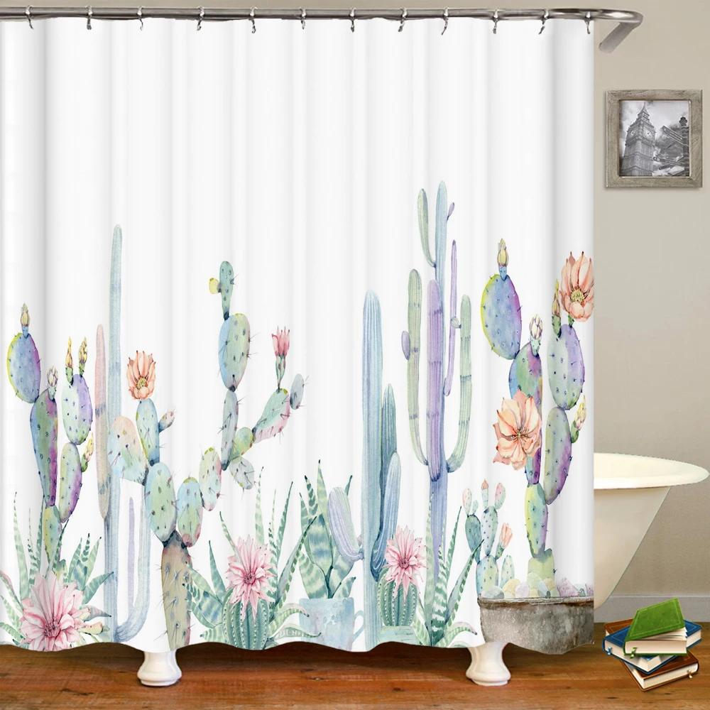 3D Tropical Green Plant Leaf Palm Cactus Bathroom Shower Curtain Home Decor Curtain Waterproof Fabric Shower Curtains With Hook