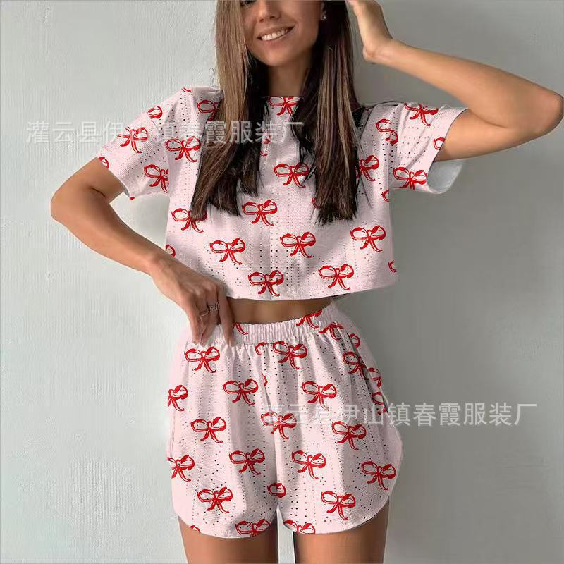 

2026 summer new European and American sports and leisure suit women s printing open-ended navel short loungewear pajamas S