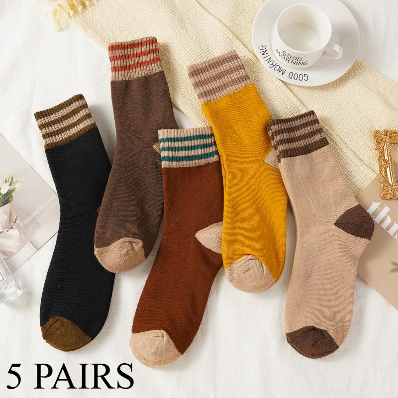 

5 пар женских хлопковых толстых теплых носков зимние полосатые носки бархатные носки средней длины 5 pairs