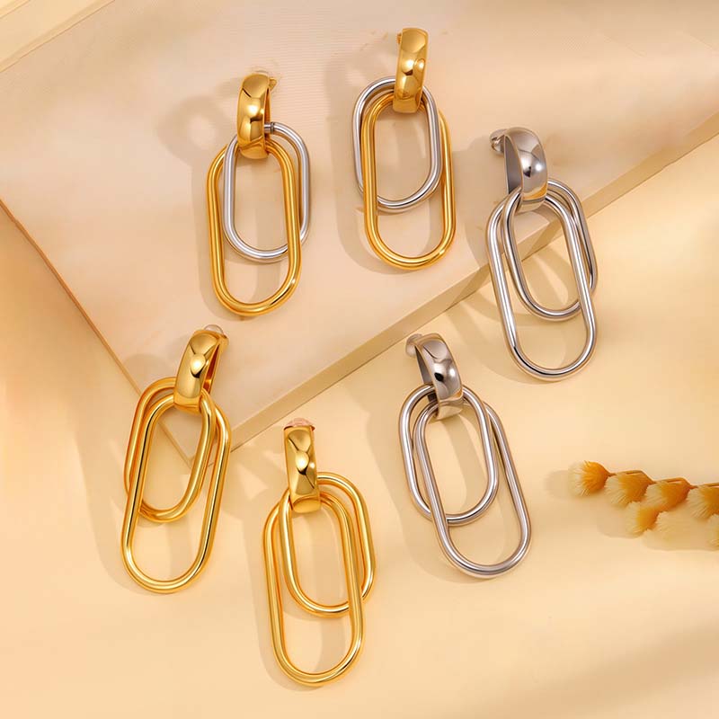 Stainless Steel Metal Double Oval Drop Earrings for Women Fashion Gold Silver Color U Shaped Geometric Earrings Jewelry Gifts