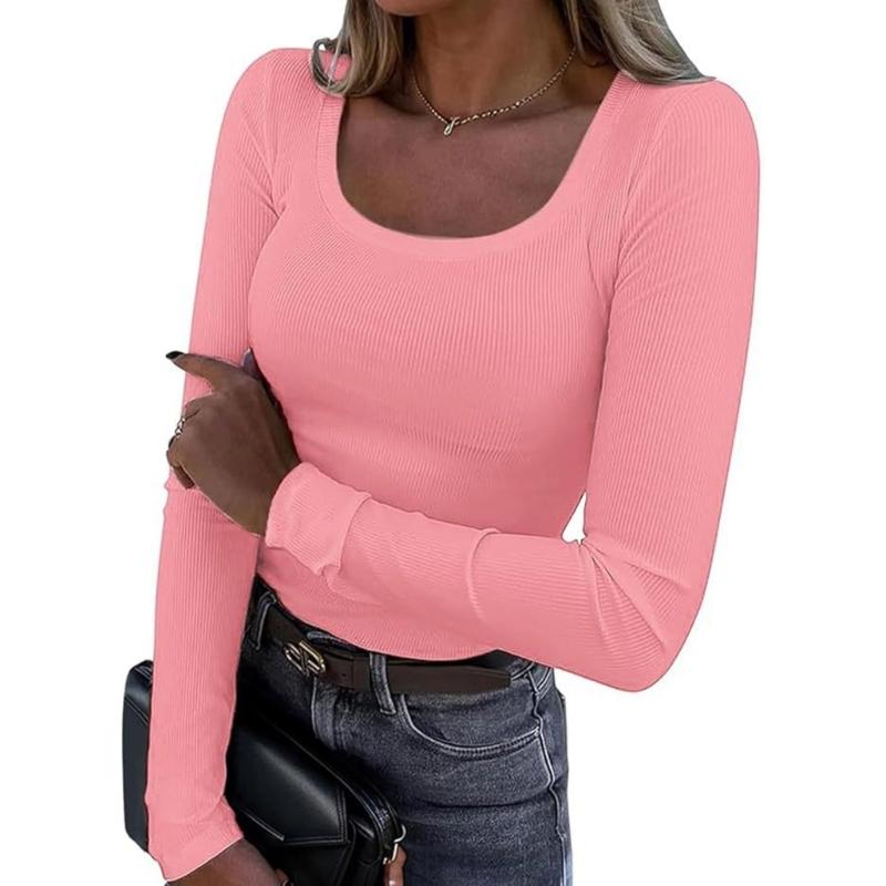 Womens Long Sleeve Shirt Square Neck Tops Ribbed Knit Basic Tee Top Teen Girls Fall Outfits Fashion Clothes 2026