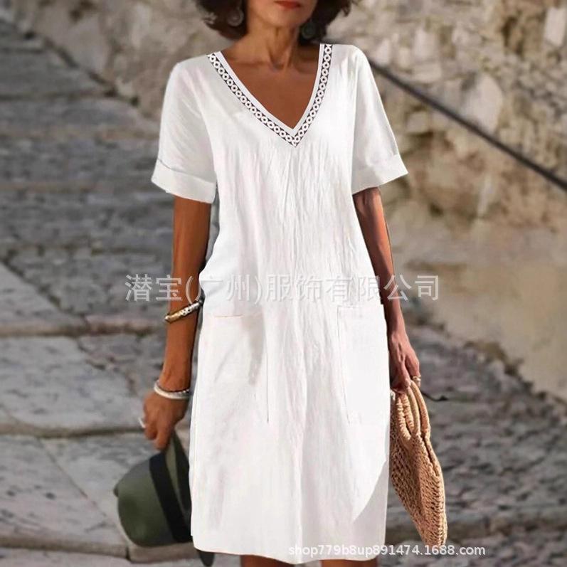 New European and American women's clothing solid color cotton and linen lace short-sleeved summer hot-selling dress