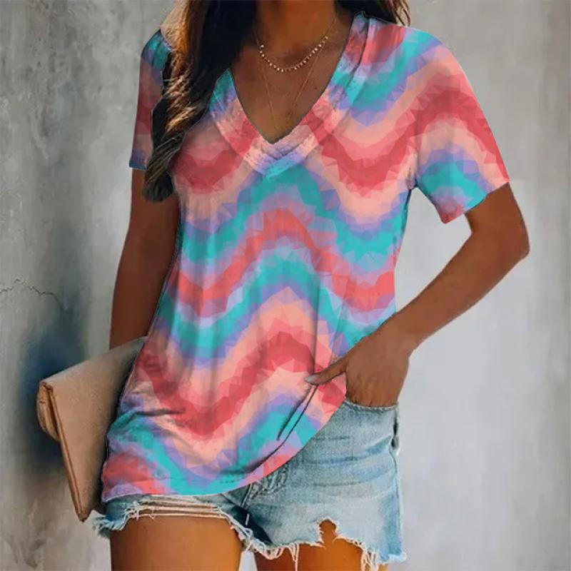 Mode T-shirt d'été décontracté à manches courtes et col en V imprimé ondulations pour femmes, surdimensionné et élégant