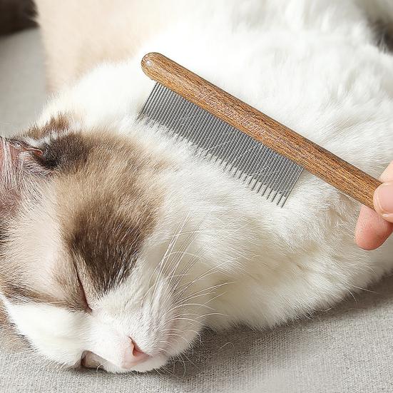 Pet Detangling Comb Rounded Metal Teeth Cat Shedding Comb with Wooden Handle Grooming Brush Removes Matted Fur Tangles for Long Short Hair Cats Dogs