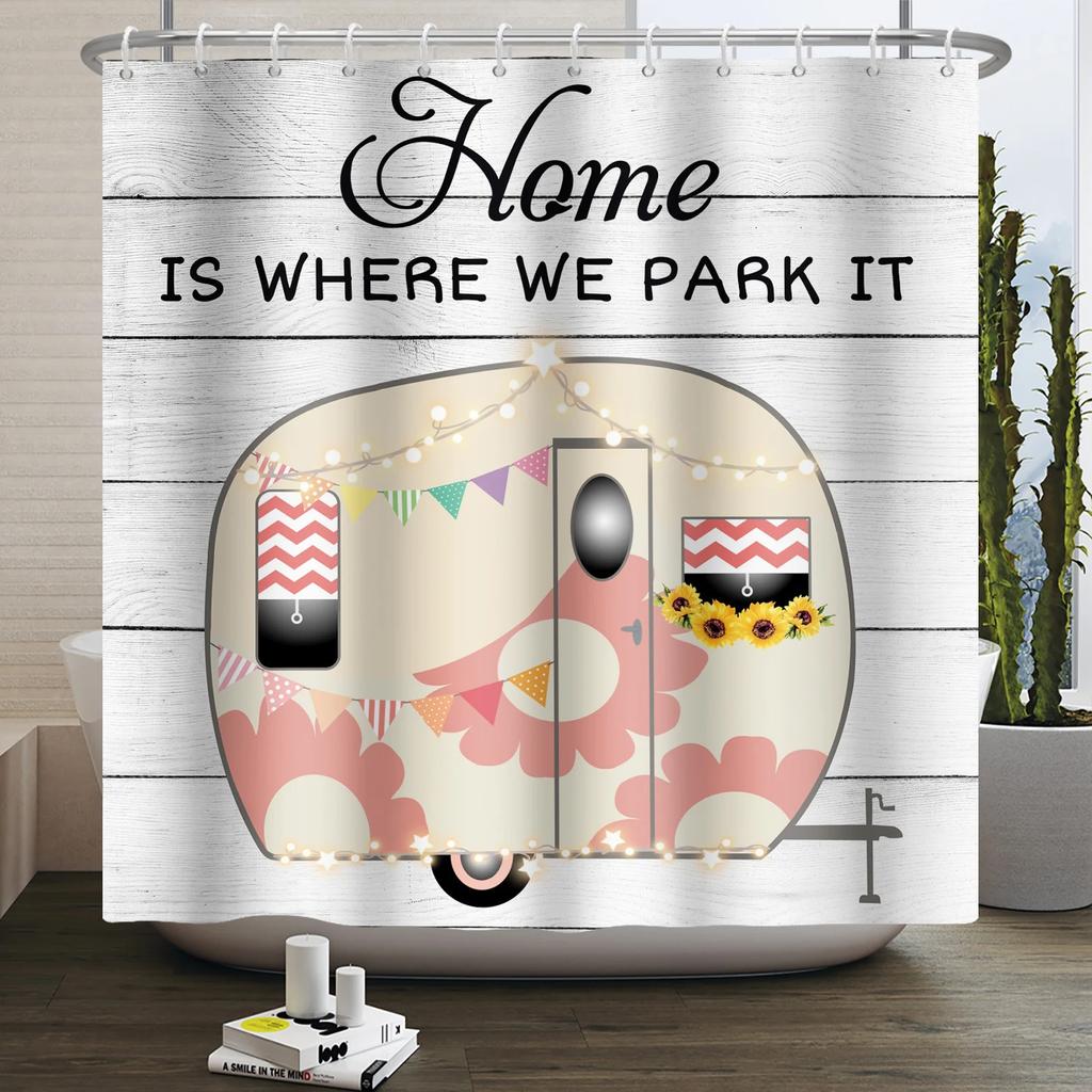 Camper Shower Curtain Happy Camper Trailer Car Rv Forest Mountain Tent Camping Bathroom Shower Curtain Waterproof Bath Curtain