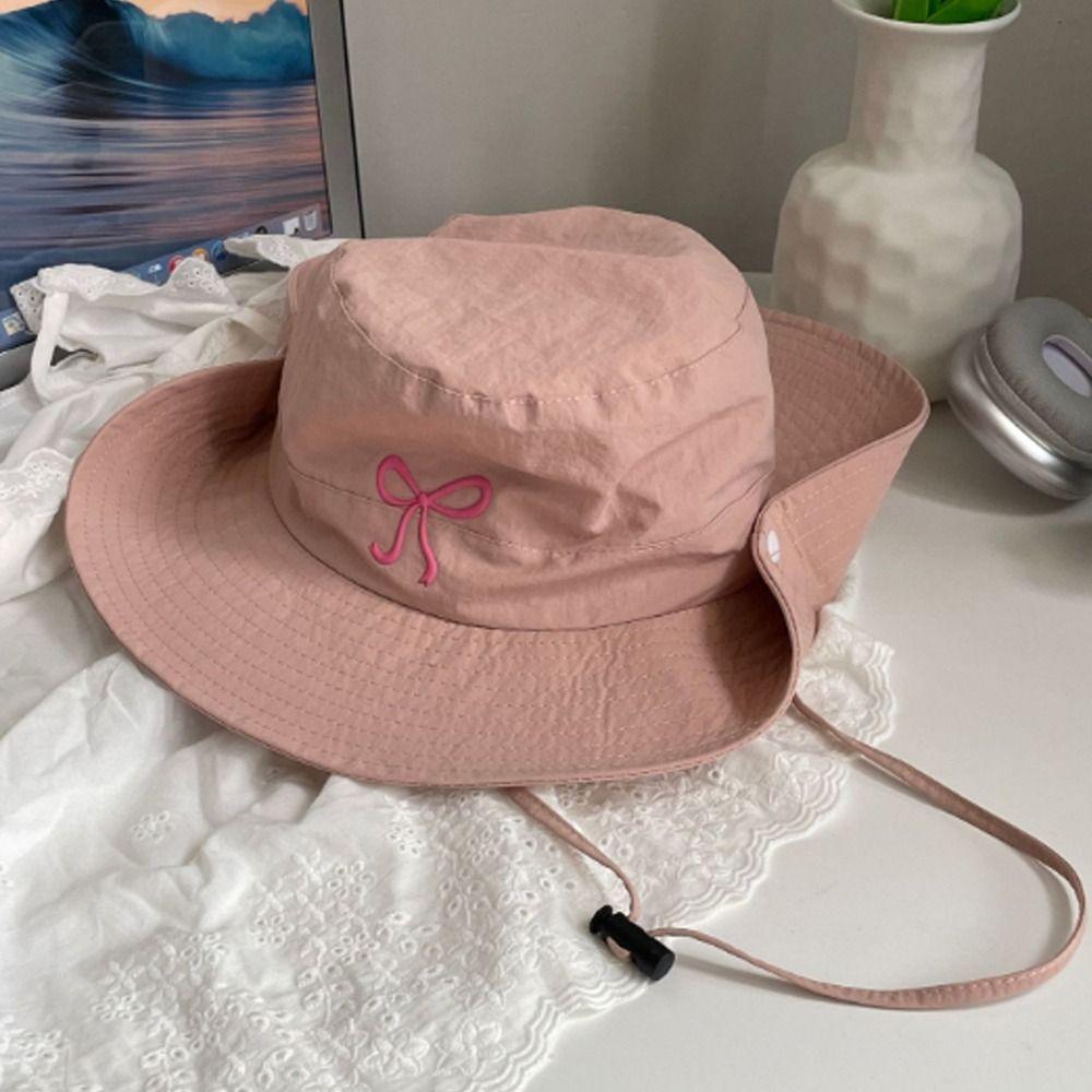 New Cute Pink Bow Strap Bucket Hats for Women 2025 Summer Outdoor Camping Sunscreen Quick Drying Breathable Fishing Caps