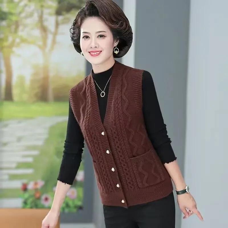 Damen Strickweste Jacke Frühling Herbst Einfarbig V-Ausschnitt Damen Mantel Mittleren Alters Mutter Dame Pullover Weste
