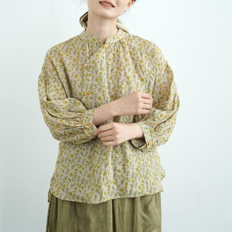 Johnature Women Vintage Print Floral Shirts Tops Stand Puff Sleeve Blouses Summer Chinese Style Female Shirts