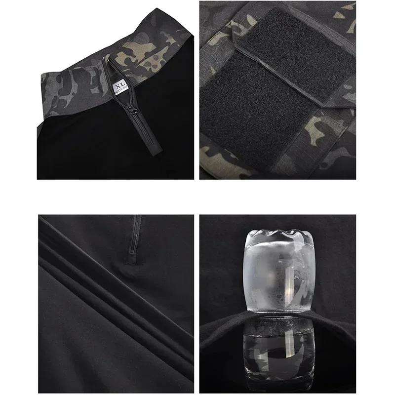 Černé Camo Tréninkové Sety s 1/4 Zipem Bojové Topy Taktické Obleky Turistické Kalhoty Pánské Odolné Košile Více Kapsami Odolné proti Opotřebení