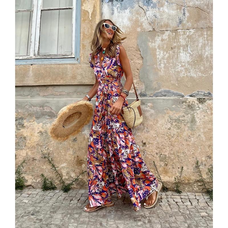 Womens Sleeveless V-Neck Printed Maxi Dress With Flowy Skirt Casual Chic Outfit